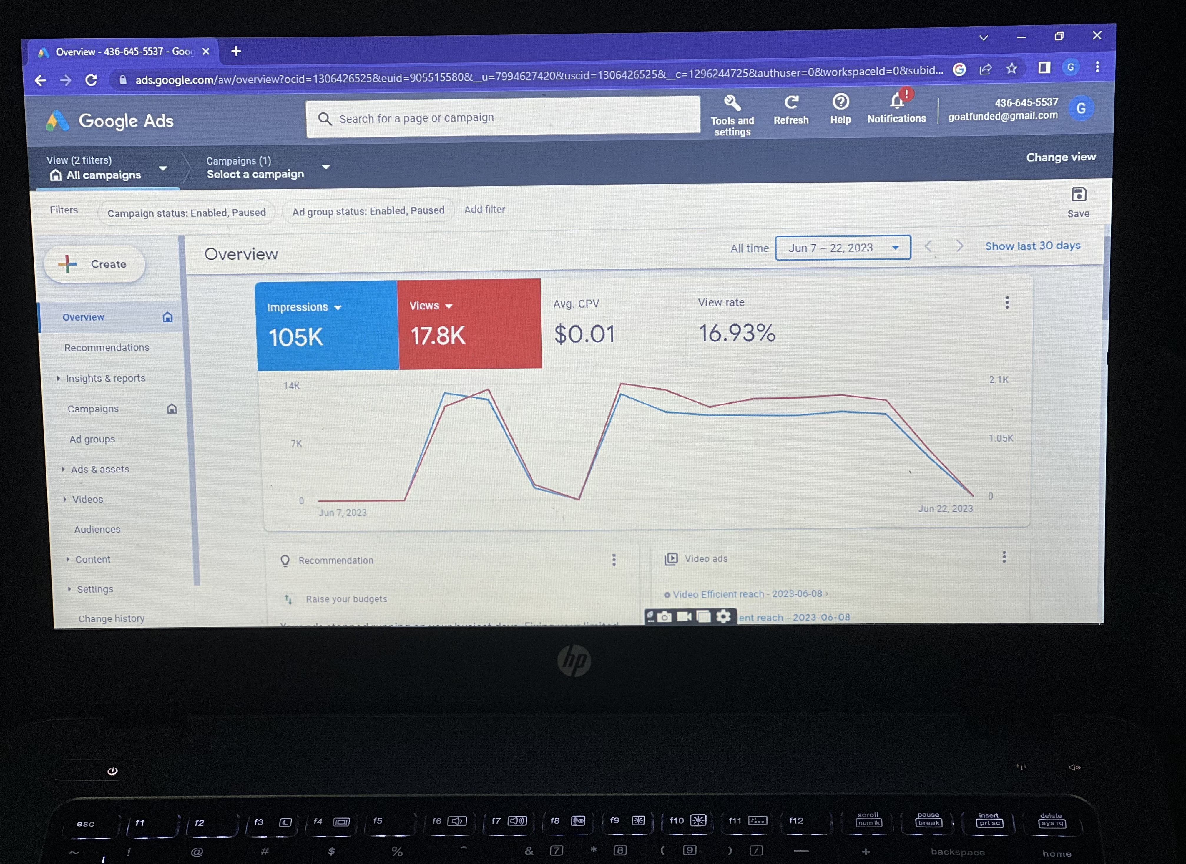 Google Ads Video Campaign Performance campaign result screenshot